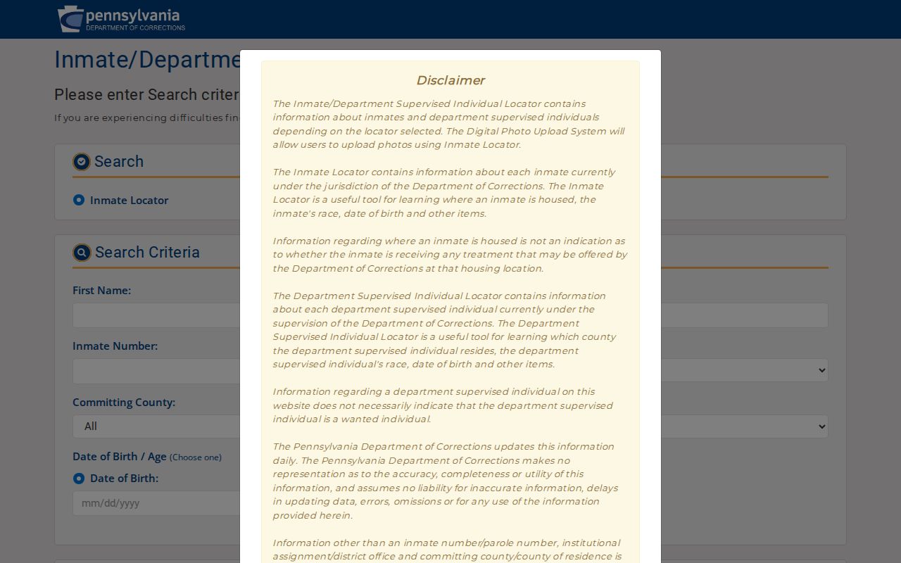 PA DOC search form for Pike County released inmate records